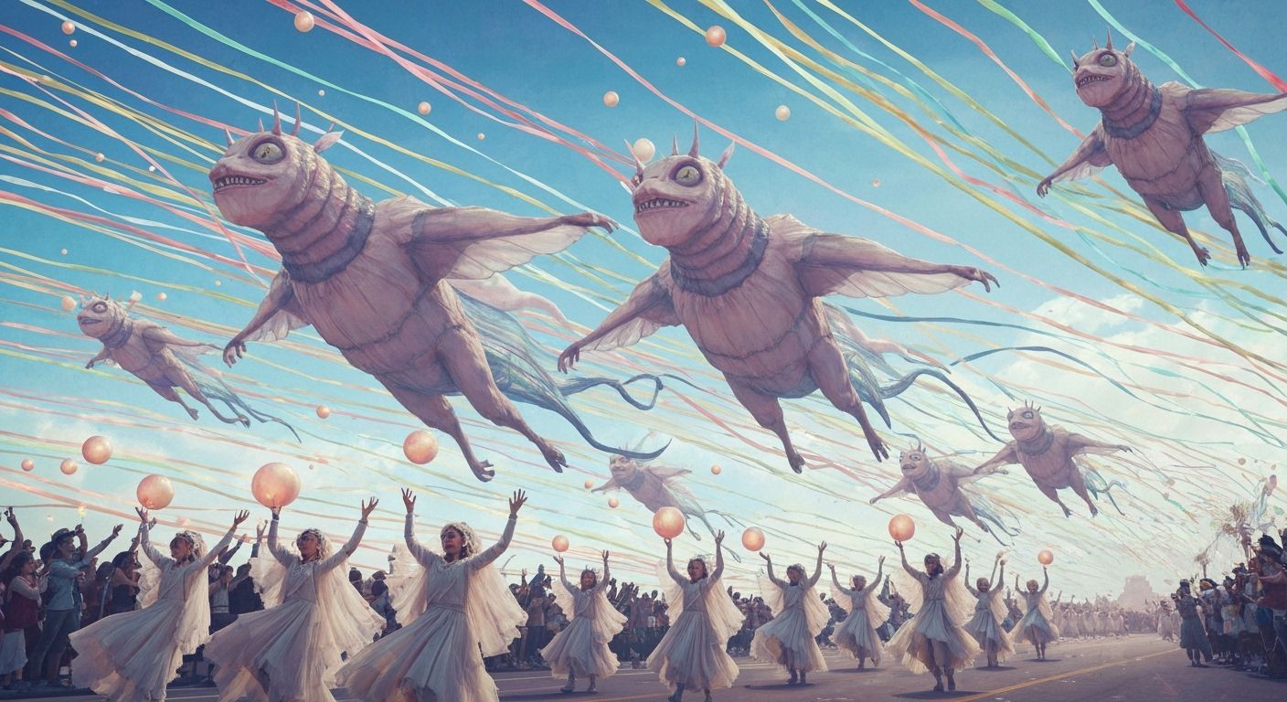 Dreamlike Parade of Giant Kite Creatures in Ethereal Sky