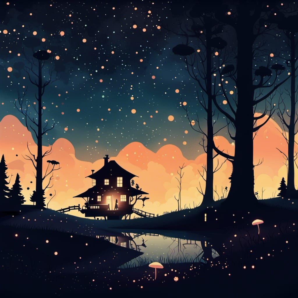 Magical Forest Treehouse in Minimalist Vector Art