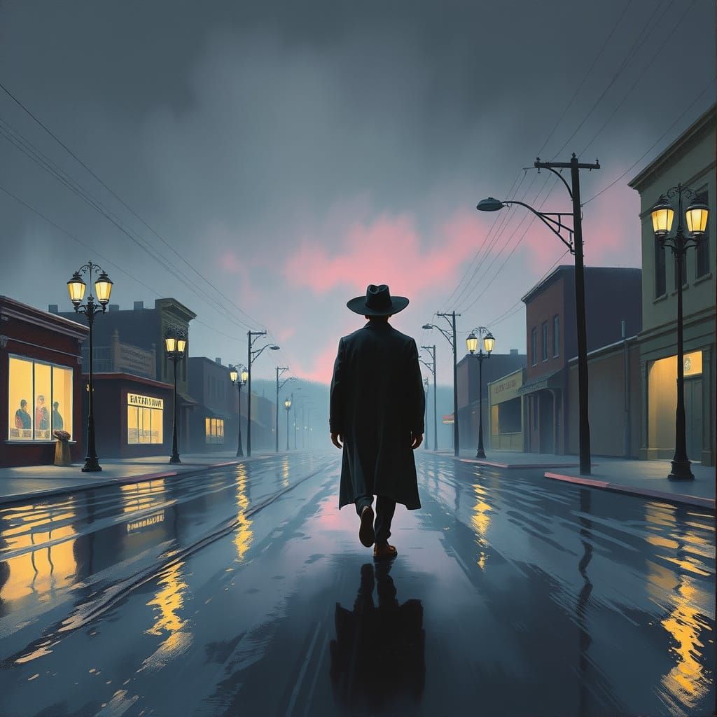 Moody Rainy Street Scene in Mid Century Oil Painting Style