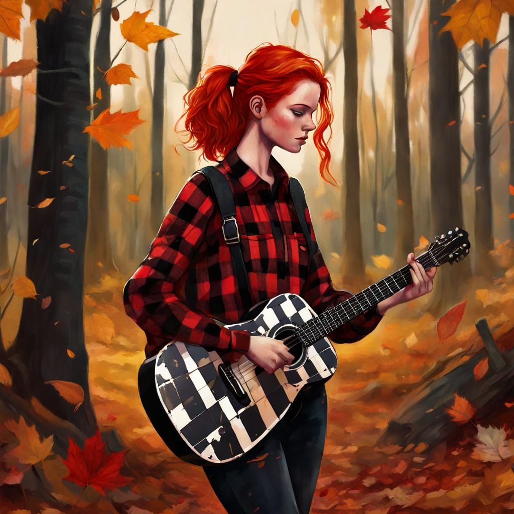 Girl with Guitar in Autumn Forest, Matte Painting