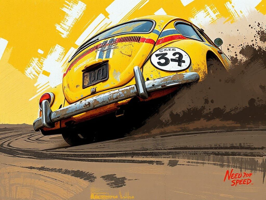 Vintage Beetle Rally Car in Impressionistic Oil Painting