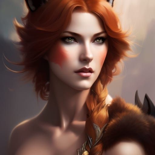Redhead Fox Girl Portrait in Hyperdetailed Fantasy Art