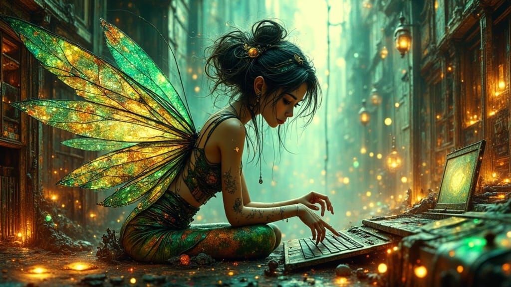 Cyberpunk Pixie Fairy Virus Attack in Maximalist Style