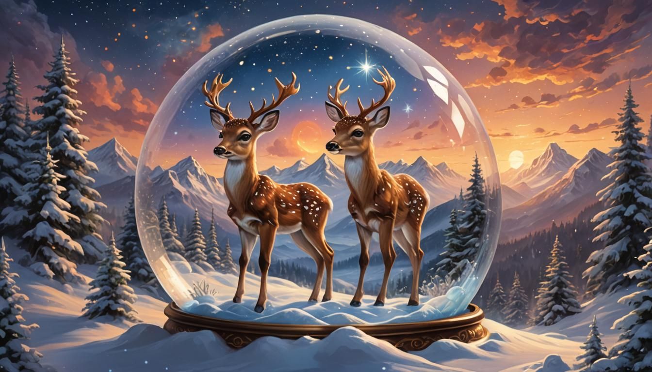 Fantasy Christmas Fawn in Snowglobe Oil Painting