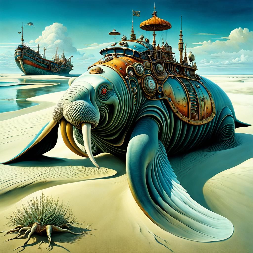 Steampunk Biomechanical Walrus on Sandbank