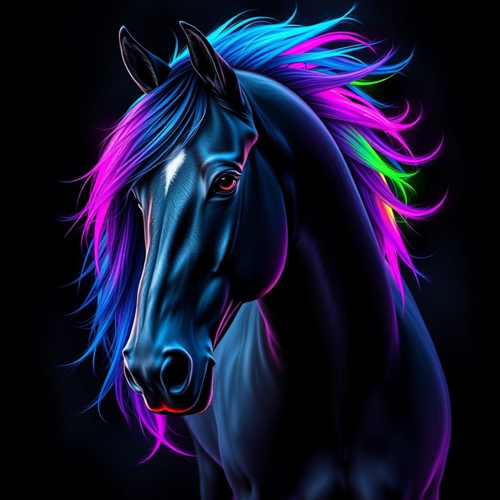 Majestic Black Horse with Neon Mane Digital Painting
