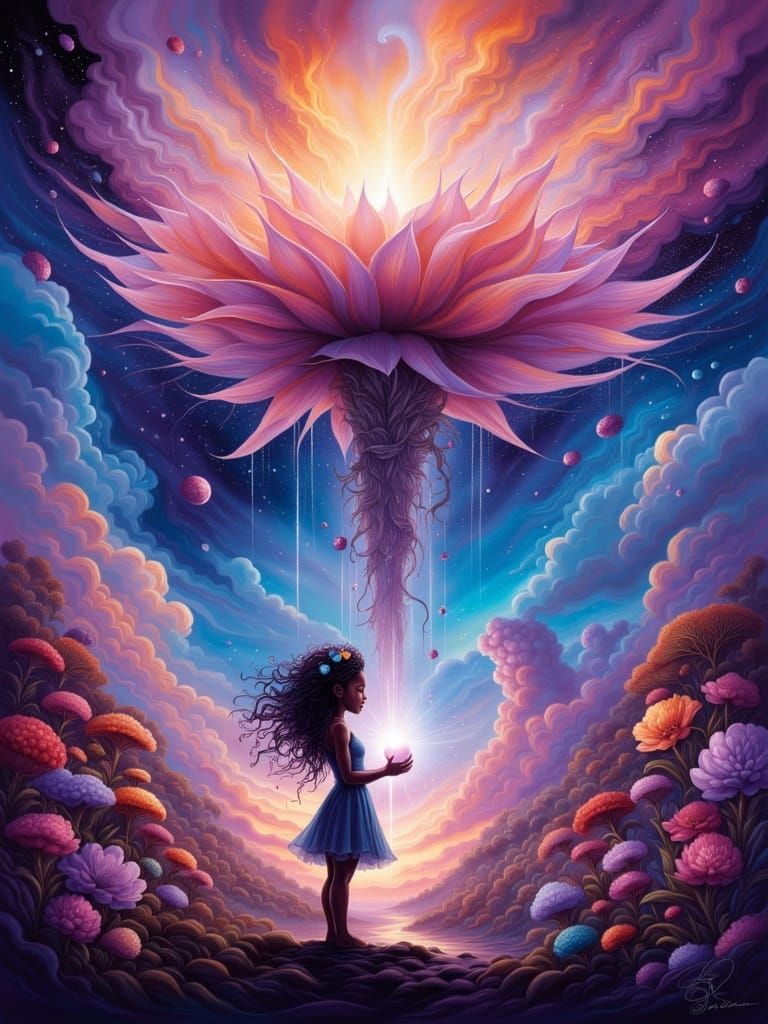 Girl Channels Energy to Giant Crystal Flower in Sci-Fi Art