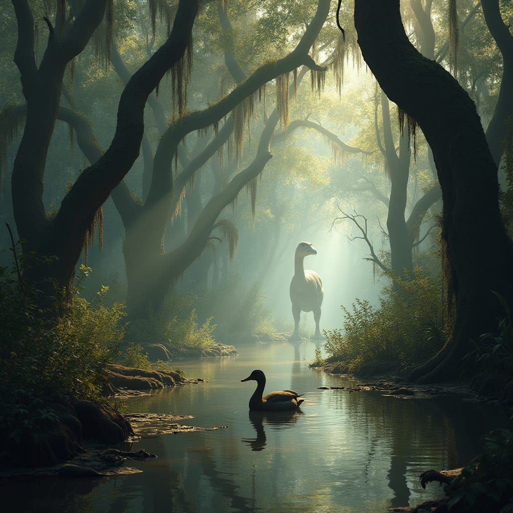 Gothic Swamp Landscape with Duck and Dinosaur