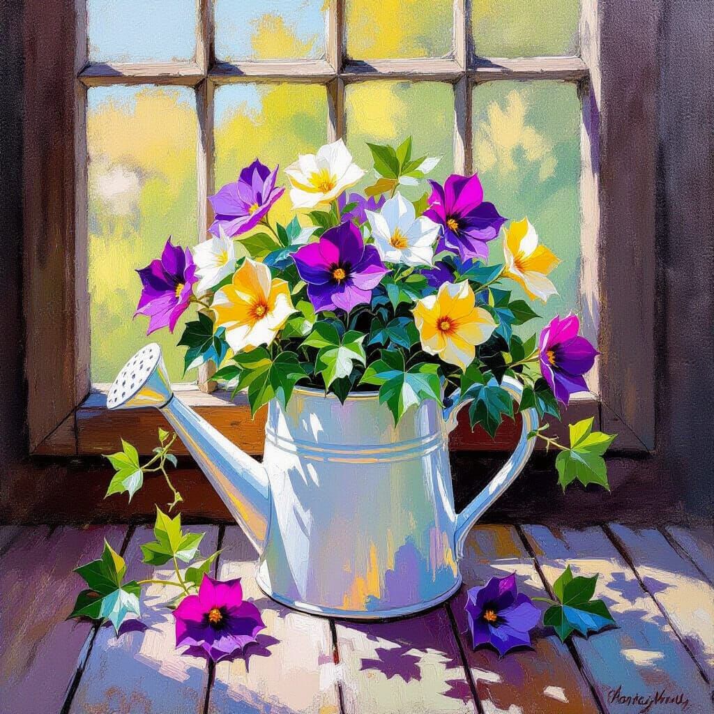 Ivy Plant with Purple Flowers as Oil Painting