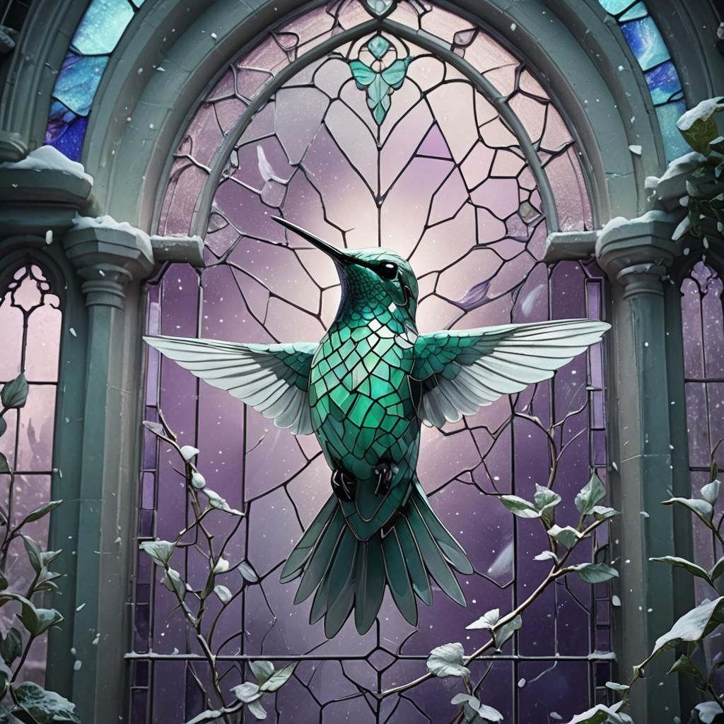 Biomechanical Hummingbird in Stained Glass Chapel