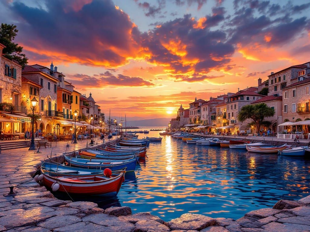 Vibrant Mediterranean Harbor at Dusk