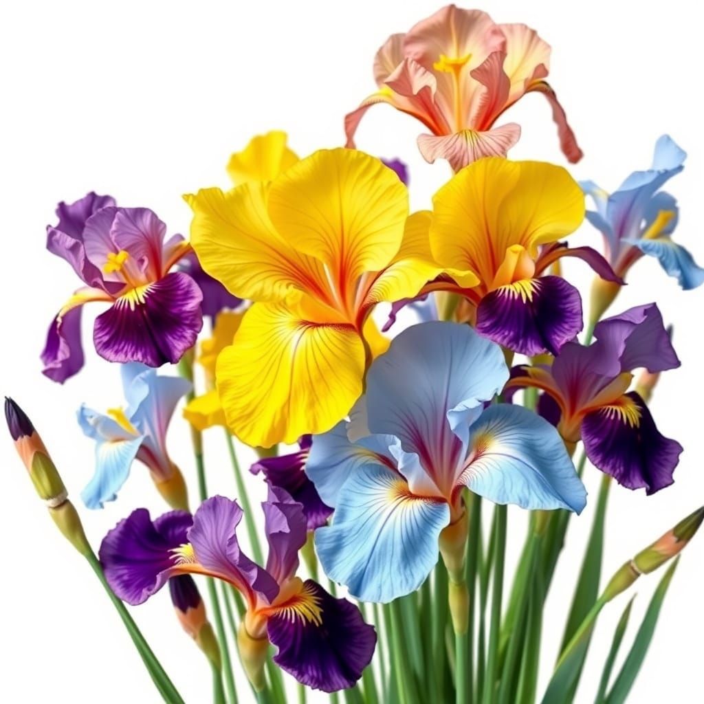 Vibrant Iris Bouquet in Hyperrealistic Botanical Style