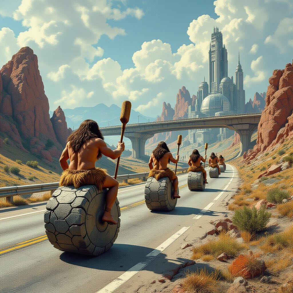 Cavemen on Stone Wheels on Futuristic Motorway