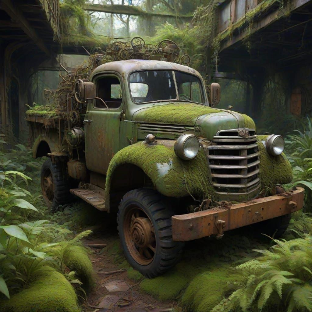 Abandoned Clockwork Garden with Rusted Truck