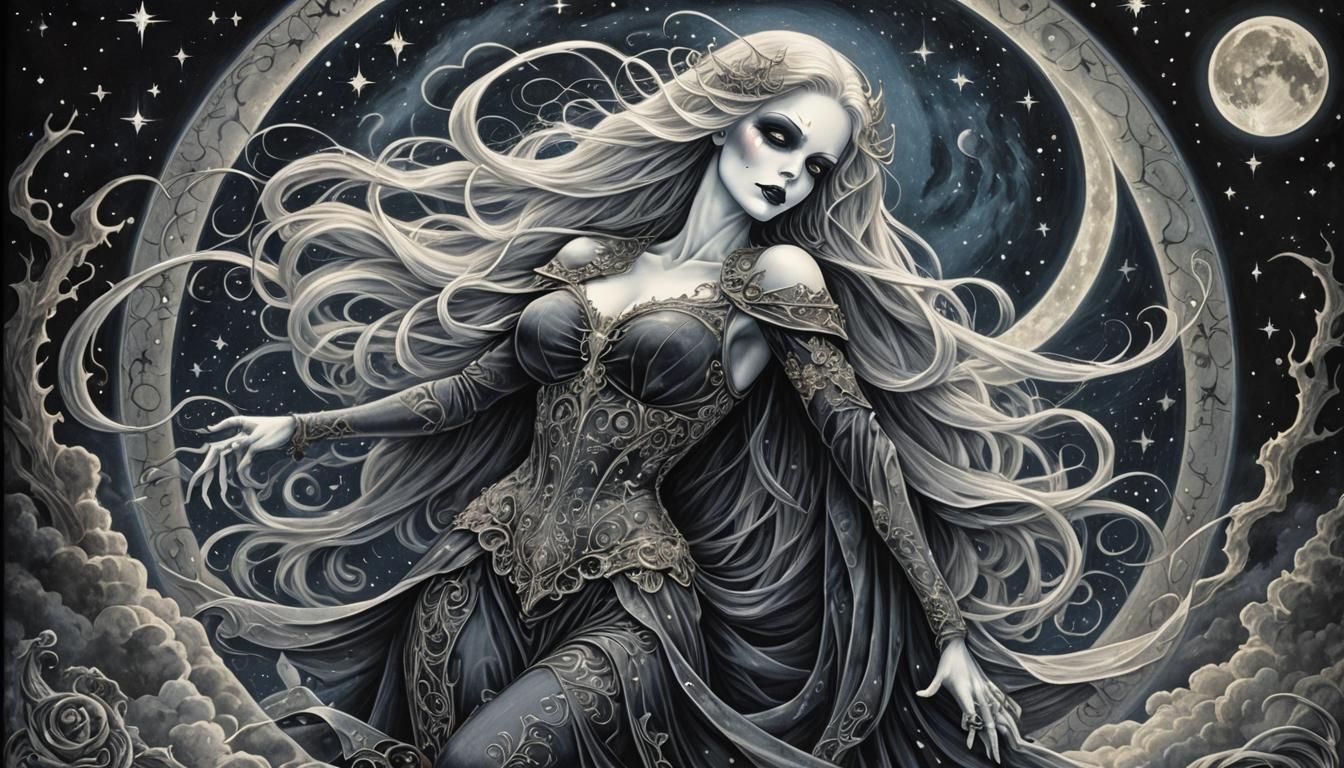 Moonlit Chalk Art of Lady Death in Cosmic Scene