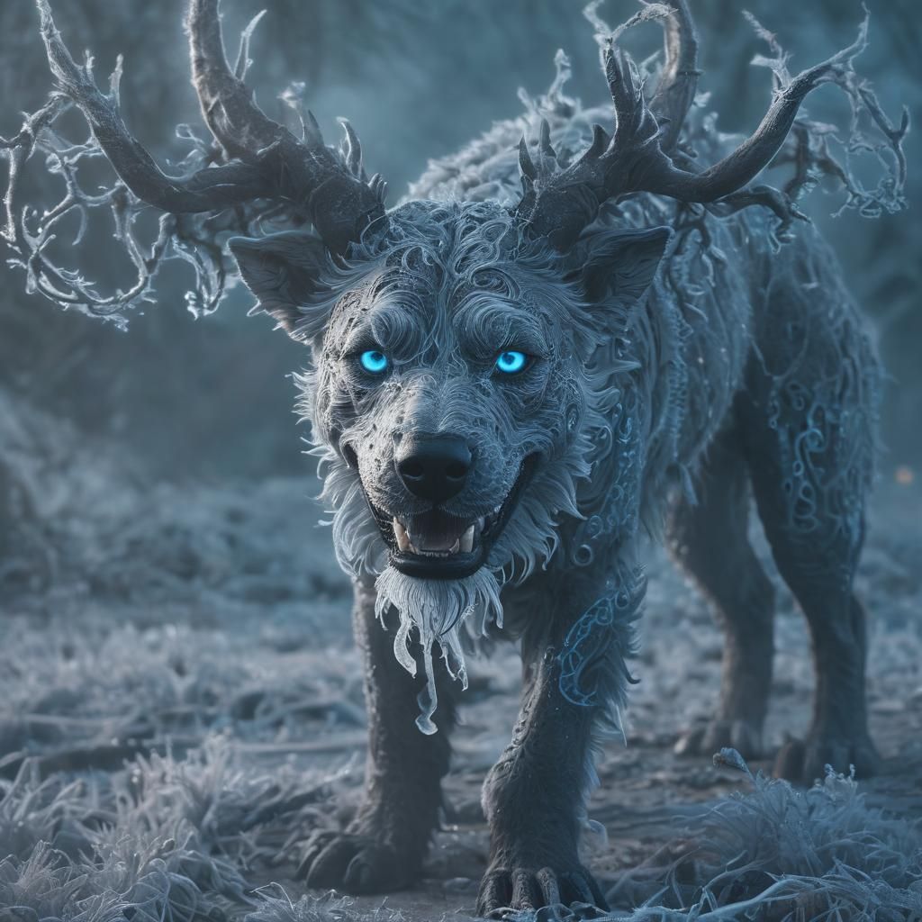 Neon-Eyed Cerberus in a Frozen Fantasy Landscape