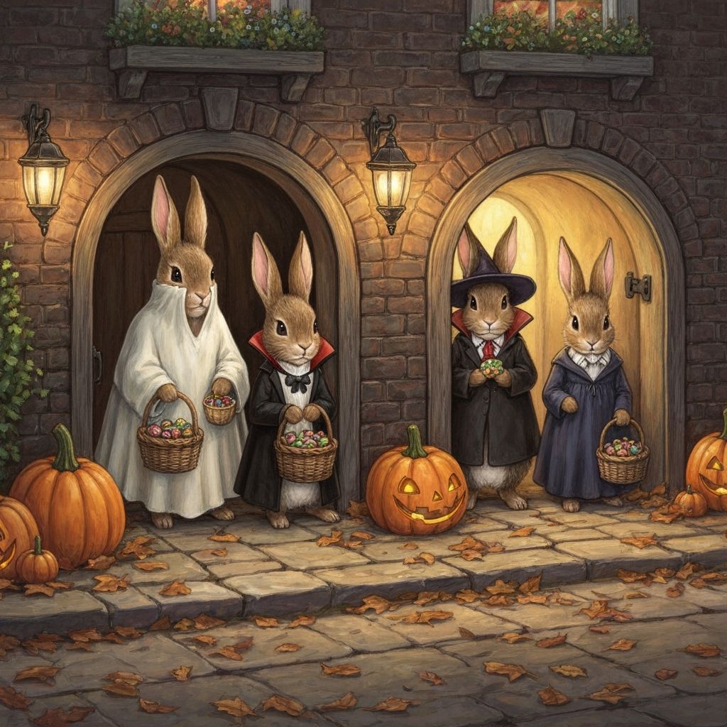 Halloween Bunnies in Whimsical Autumn Scene