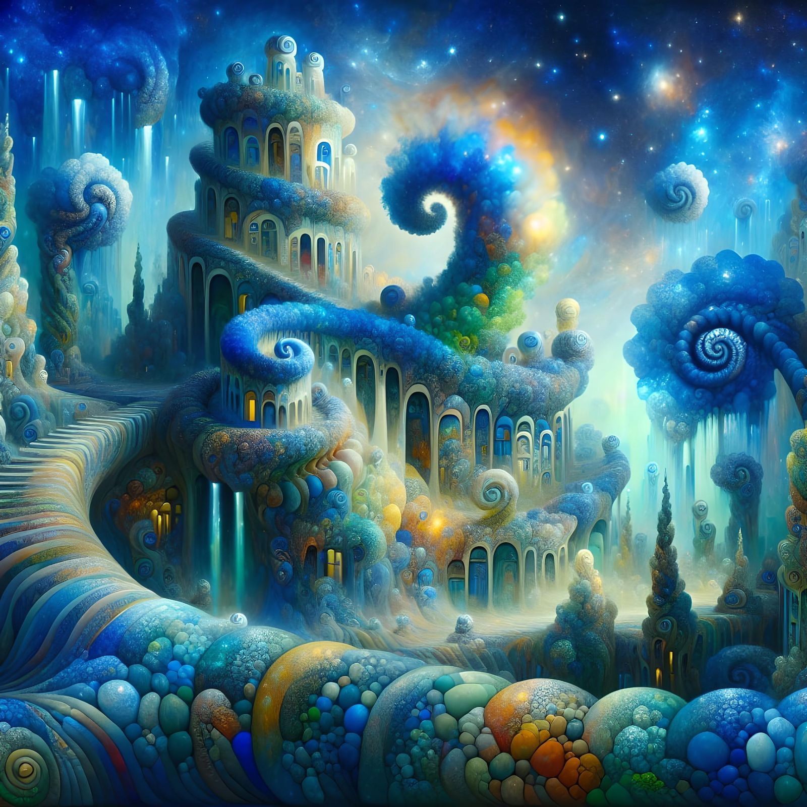 Surreal Blue Dreamscape with Organic Architecture