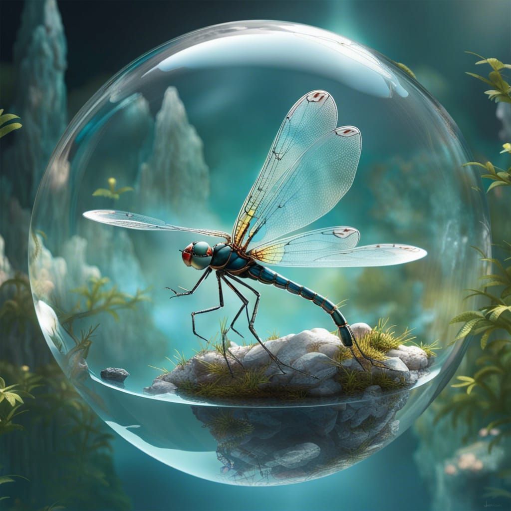 Crystal Dragonfly on Clear Water in Hyperdetail