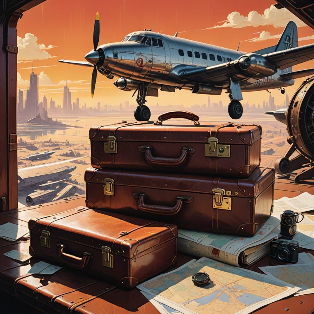 Vintage Leather Suitcase Filled with Aviation Dreams and Asp...