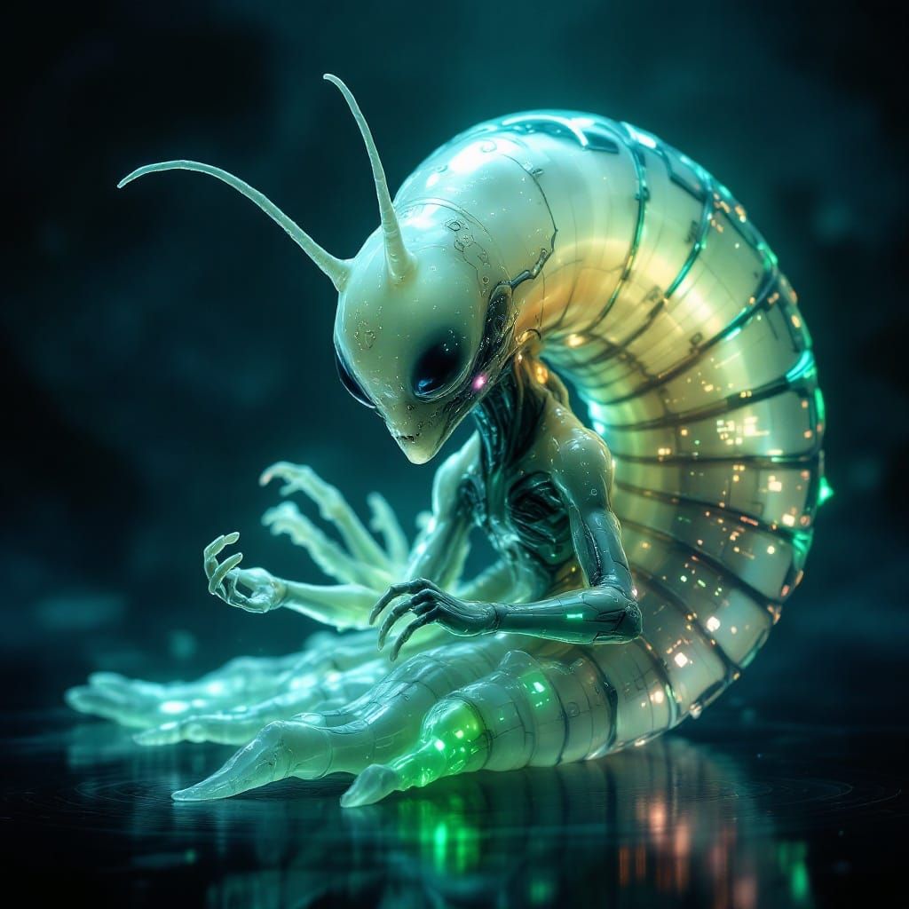Cybernetic Snail Alien in Eerie Sci-Fi Landscape