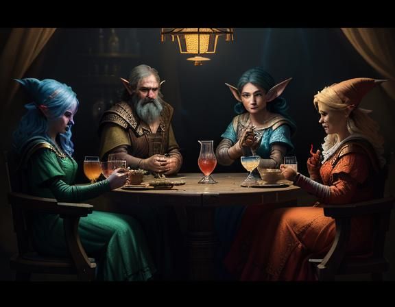 Gnomes Casting Spells in Tavern: Baroque Digital Art