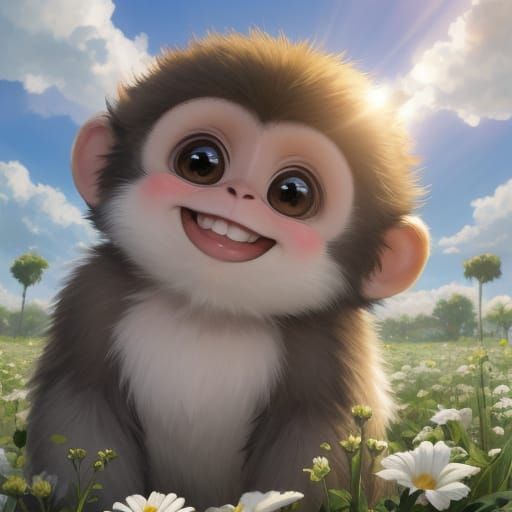 Cute Baby Monkey in Summer Field of Flowers