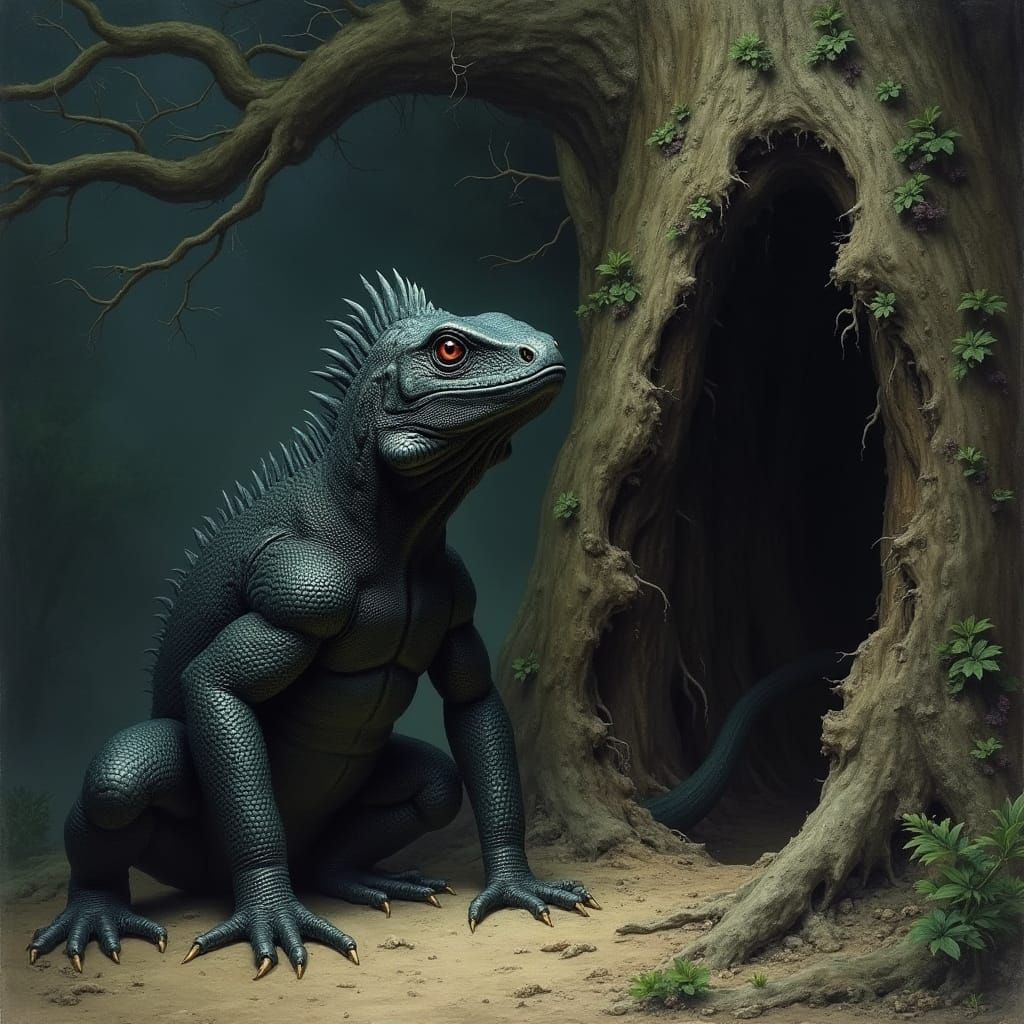 Black Lizard and Ancient Tree in Haunting Realism