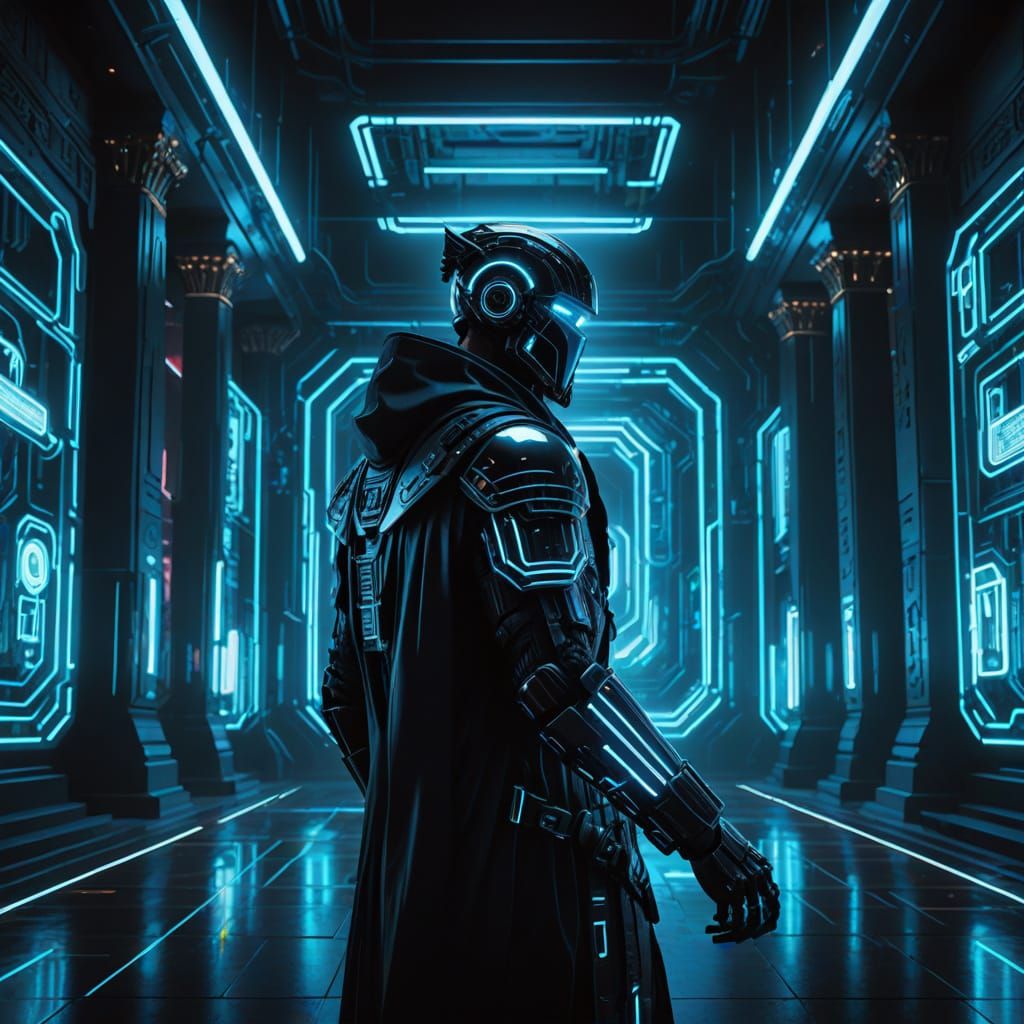 Cyberpunk Epictetus in a High-Tech Temple Radiates Wisdom