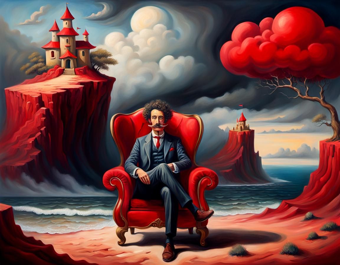 Surreal Man with Sandcastle, Oil on Canvas