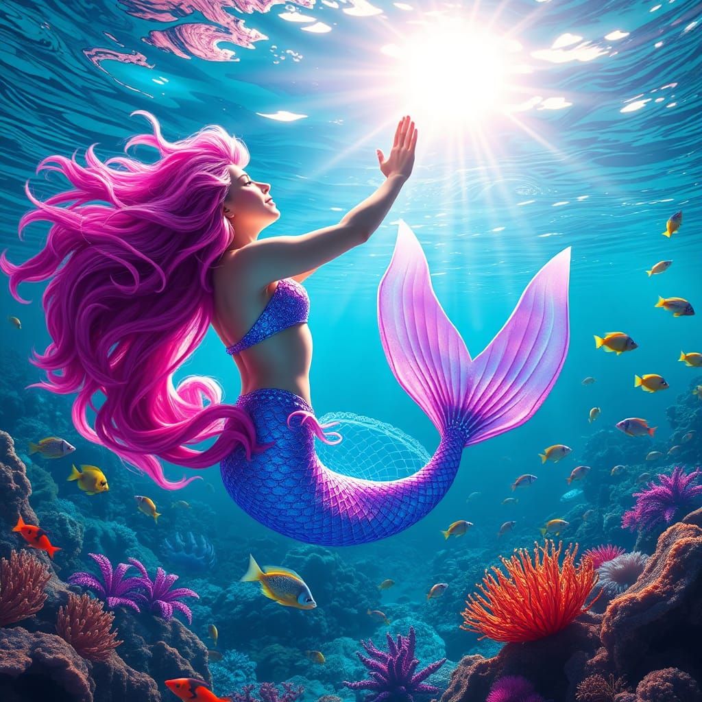 Vibrant Mermaid Reaching for Sunlight: Fantasy Concept Art