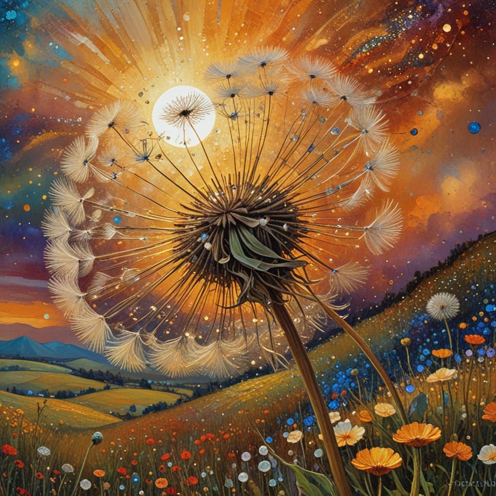 Vibrant Dandelion Floral with Gold Accents in Art Nouveau St...