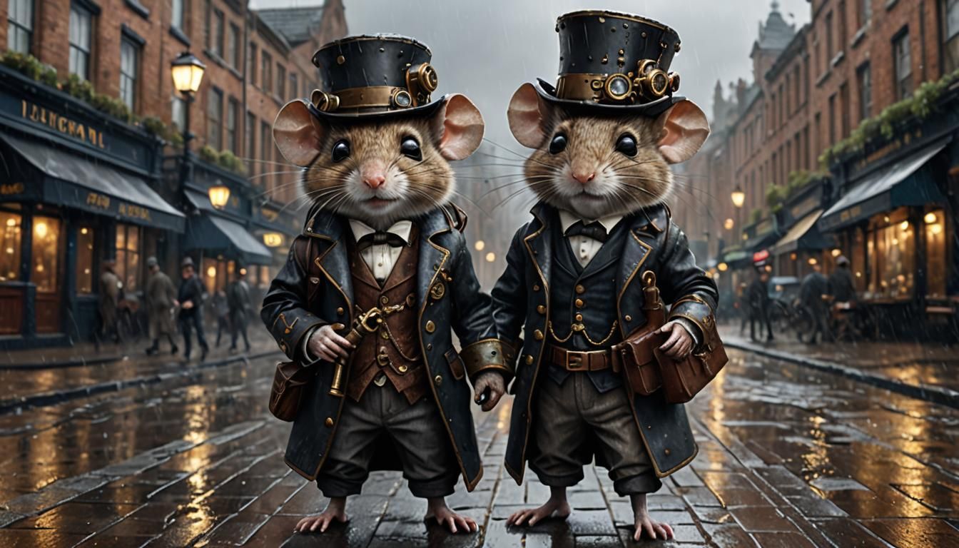 Steampunk Mouse in Victorian Rain, 3D Render