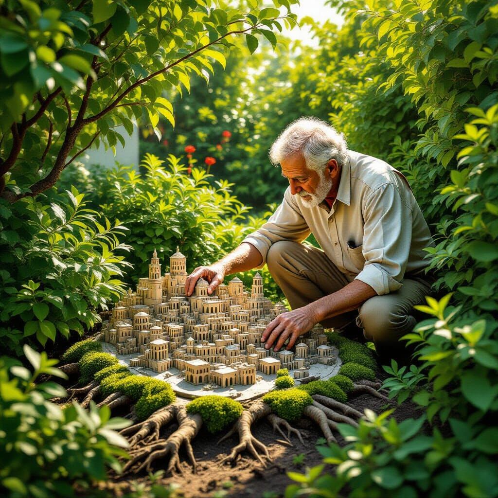 Miniature Lost City Found in Garden, Surrealist Style
