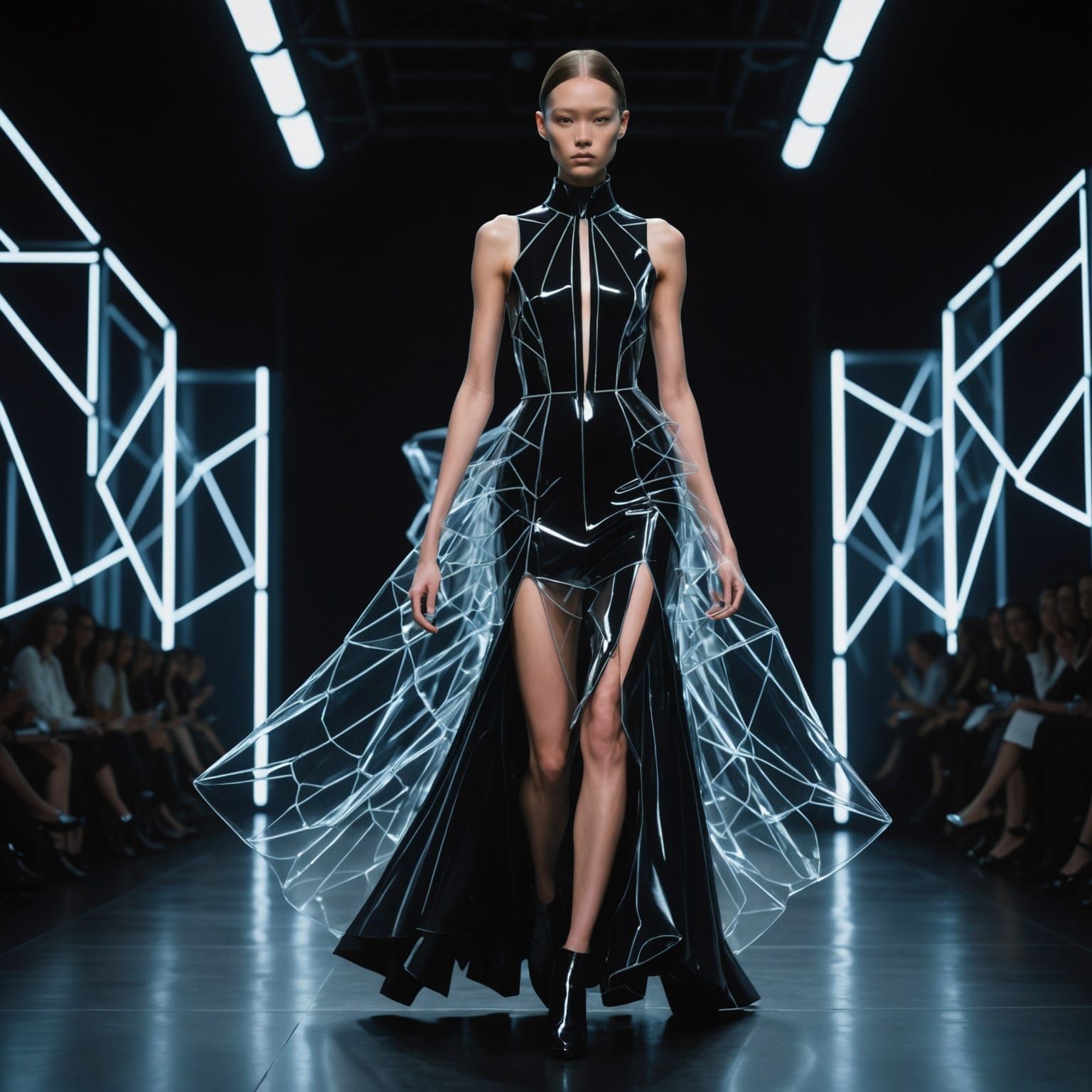 Futuristic Model in Glowing Glass Dress on Dark Runway
