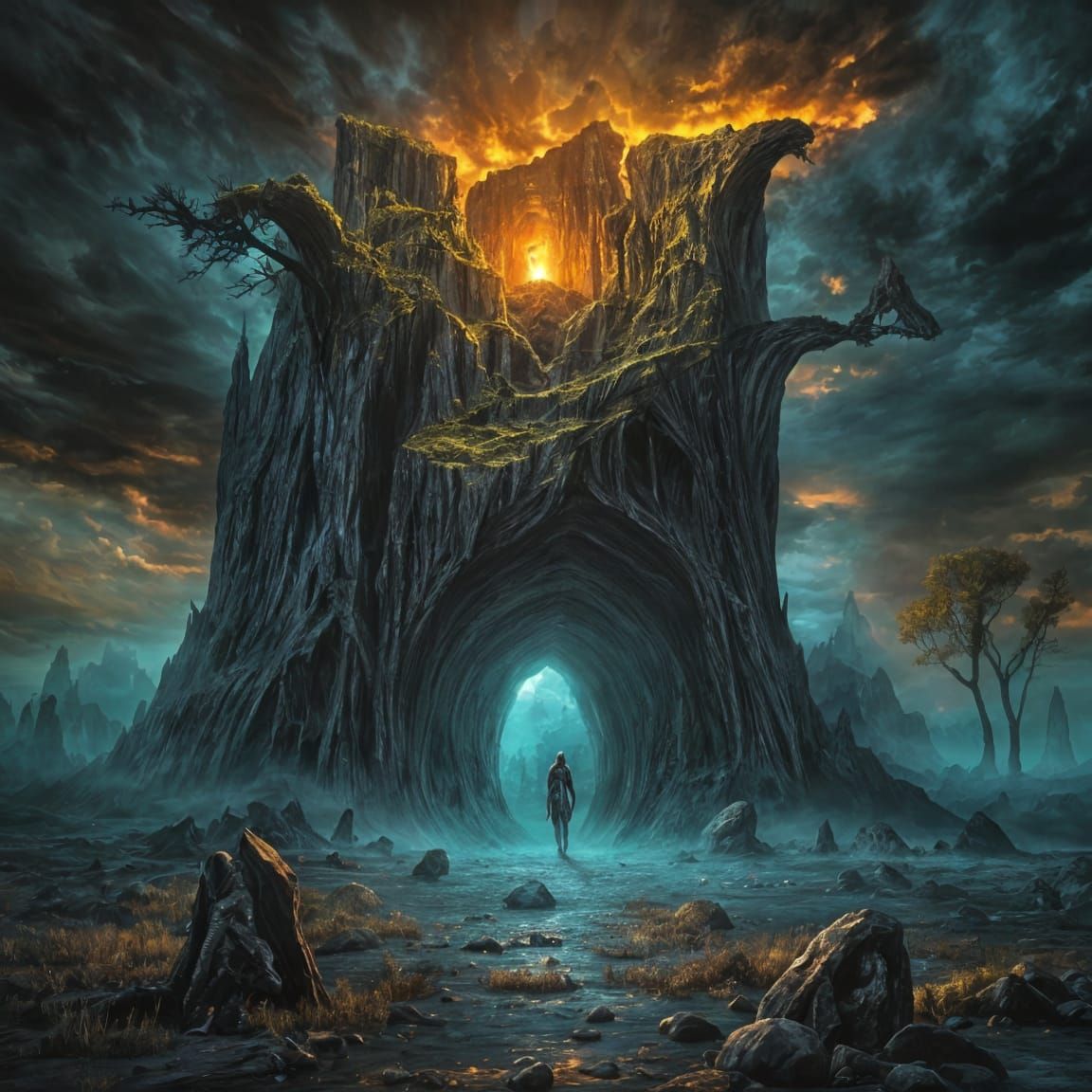 Dark Fantasy Cave Landscape in Realistic Style