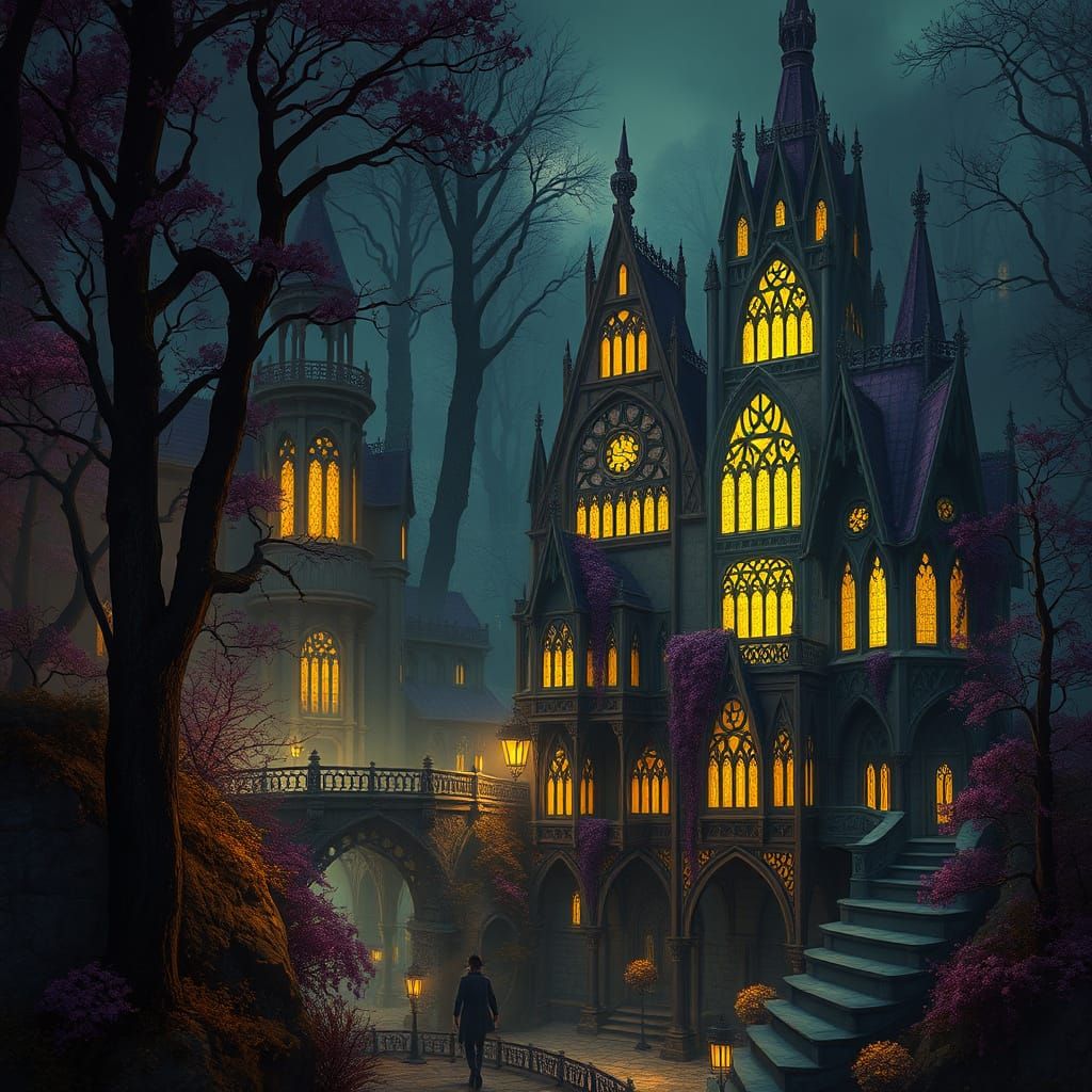 Gothic Dark Fantasy Landscape with Art Nouveau Elements