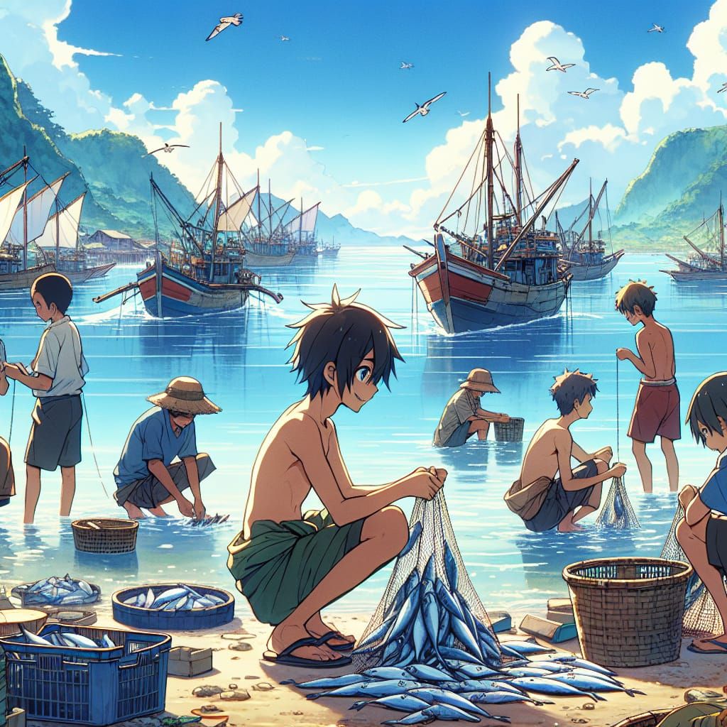 Anime Fishing Village Scene with Bajo Tribe Boys