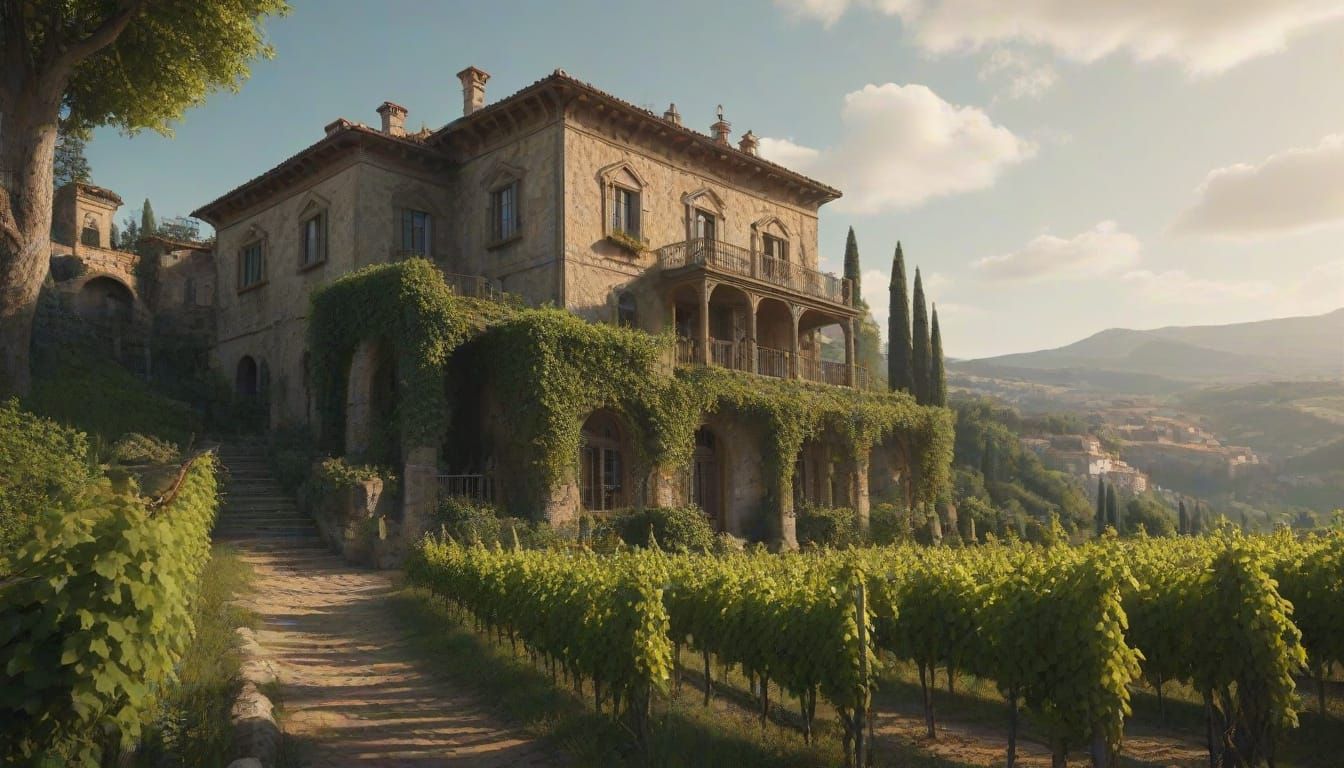 Tuscan Villa Amidst Grape Vineyards in Deep Color