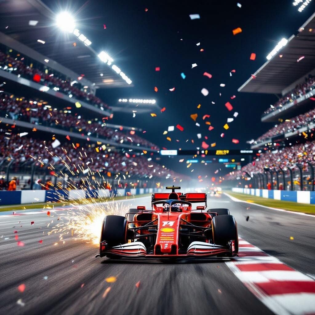 Red F1 Car Wins Final Race Under Floodlights