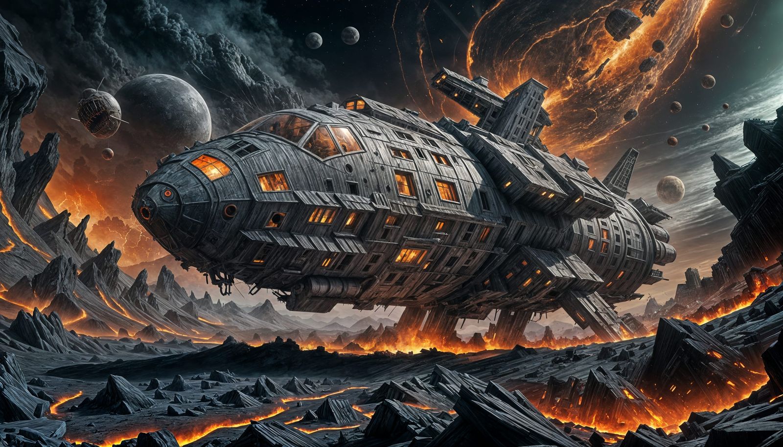 Derelict Spaceship Near Volcanic Planet in 4K