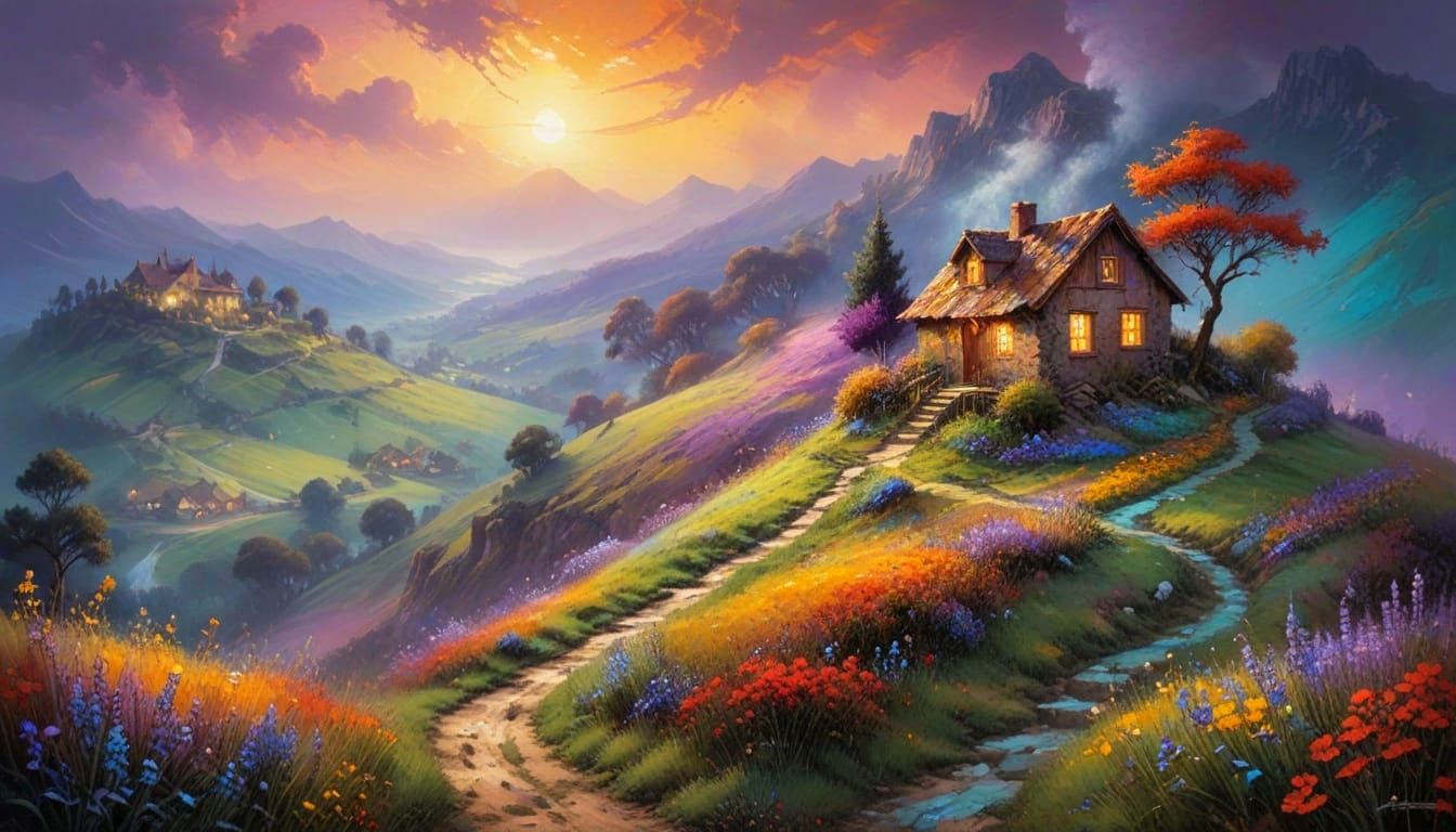 Vibrant Spring Village Masterpiece on a Hill