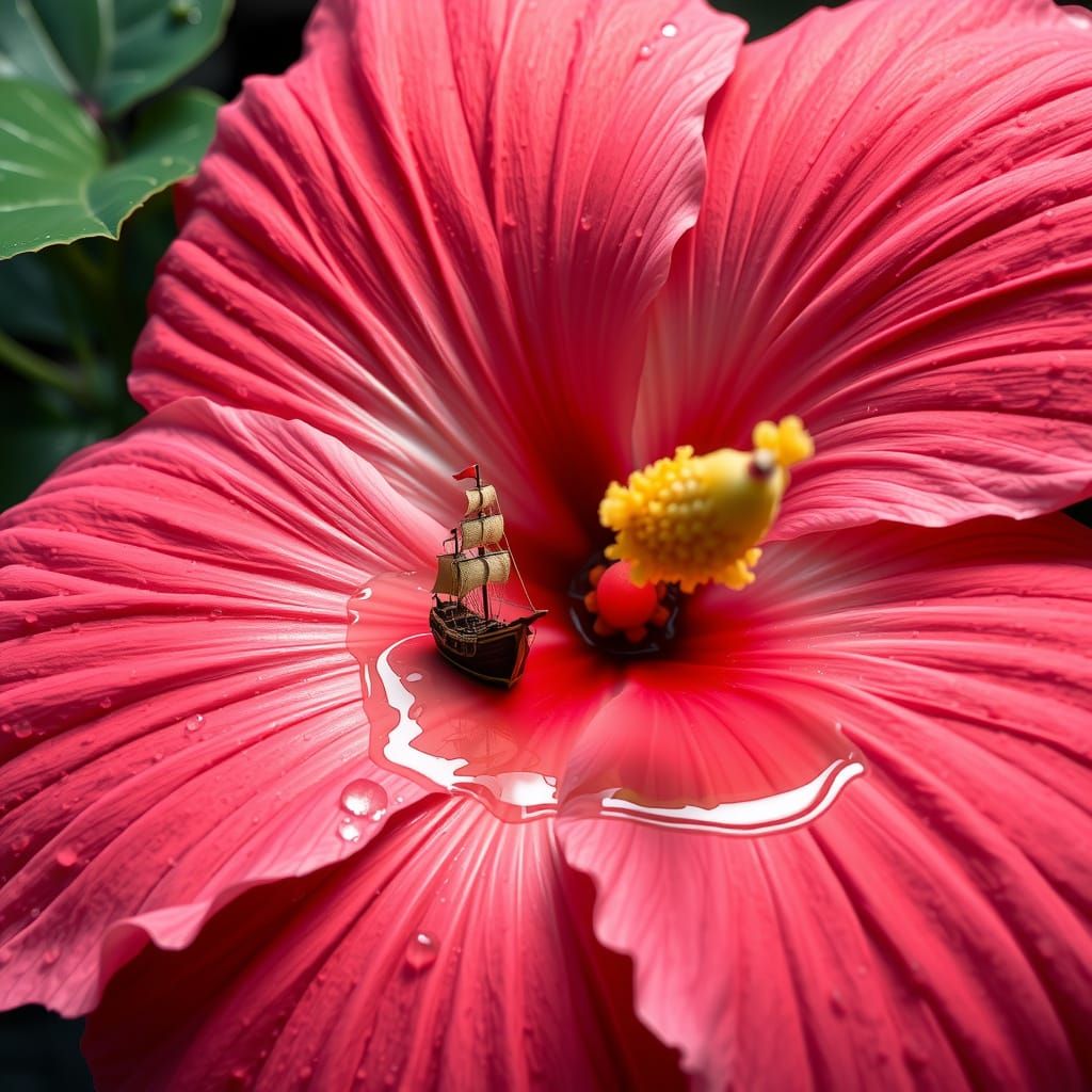 Miniature Pirate Ship Sails a Hibiscus Flower