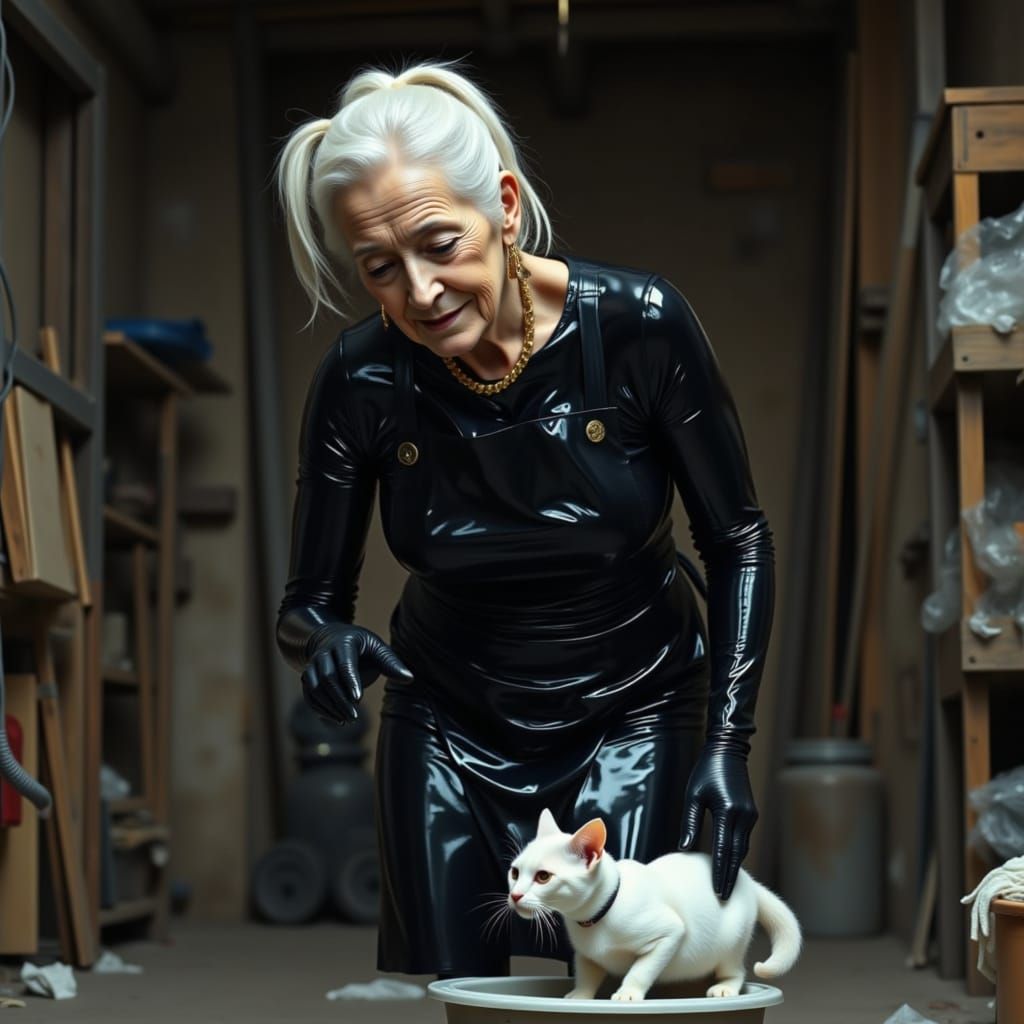 Elderly Woman in PVC Bodysuit Changing Cat Litter