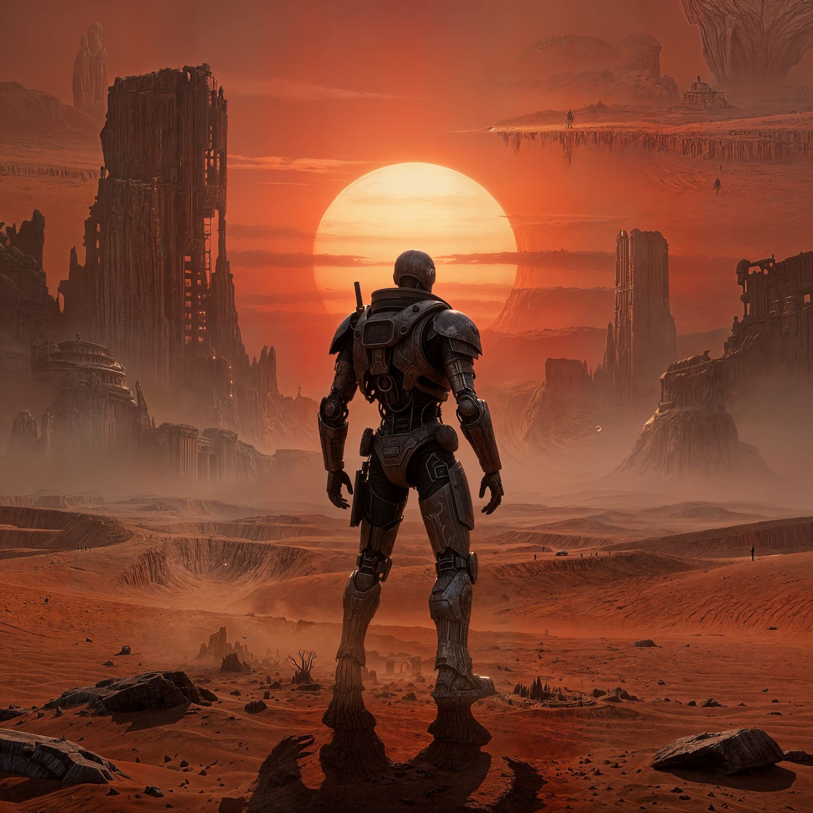 Cyborg Warrior on Alien Planet at Binary Sunset