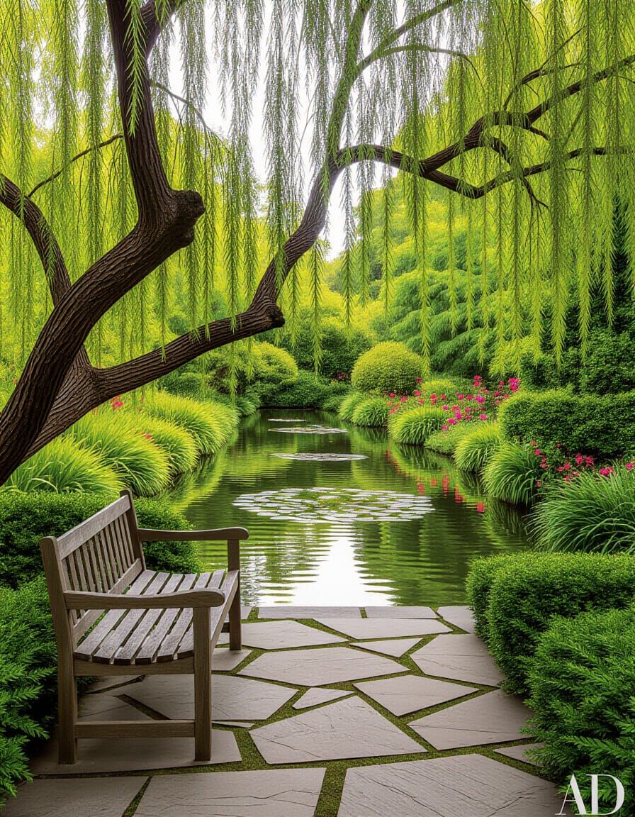 Serene Garden Pond with Lush Foliage and Flowers