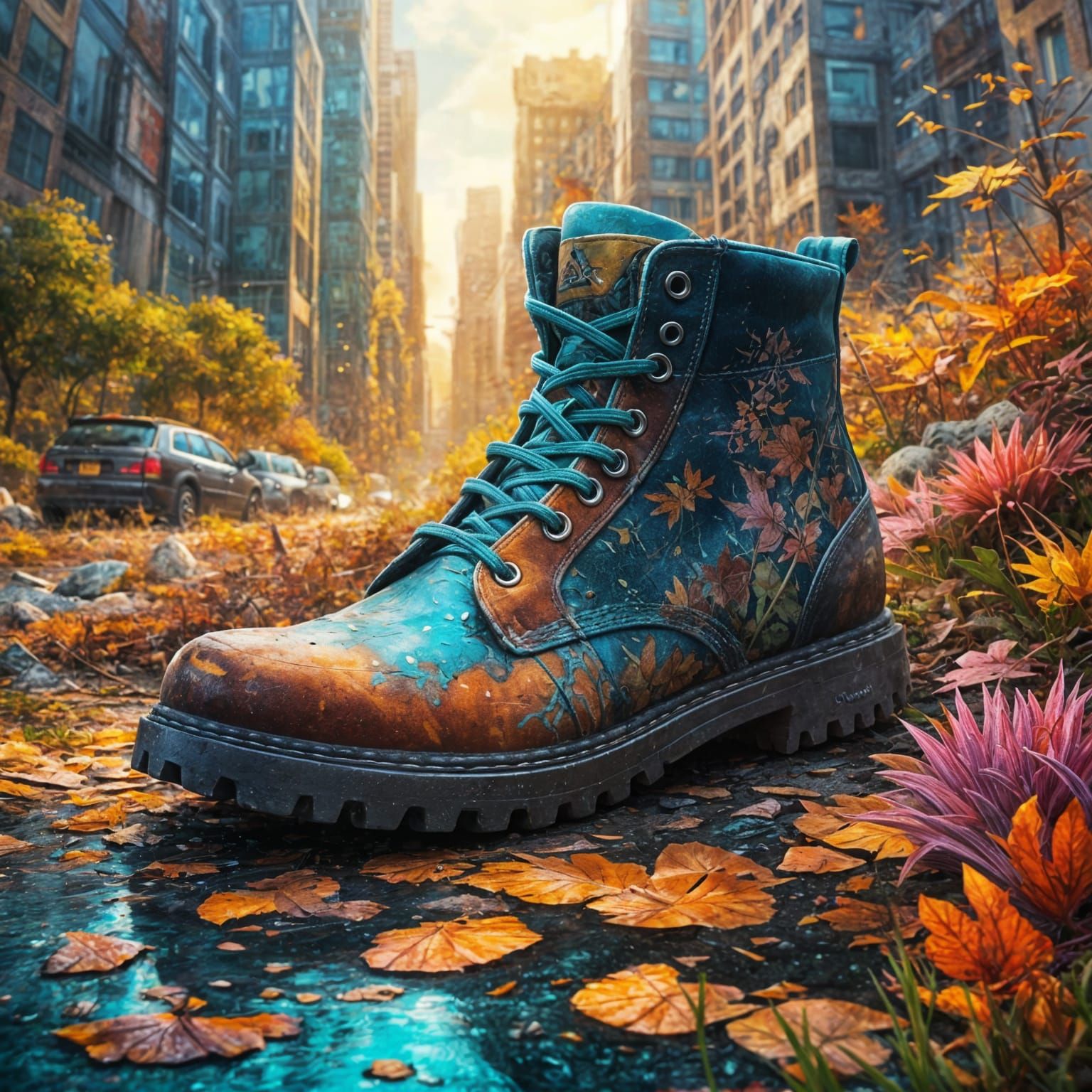 Deserted City Inside a Giant Boot in Forest, Hyperrealistic