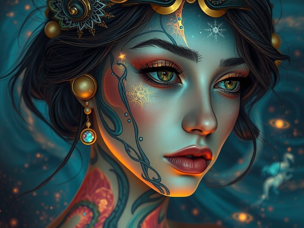 Cosmic Sorceress Portrait in Neo-Impressionist Style