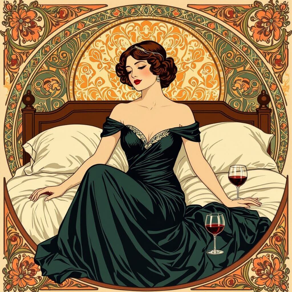 Vintage Illustration of Woman with Wine in Bed