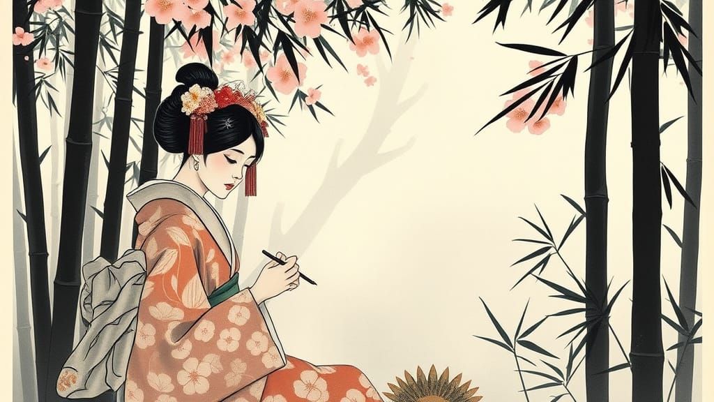 Geisha Calligraphy in Bamboo Garden, Sumi-e Style